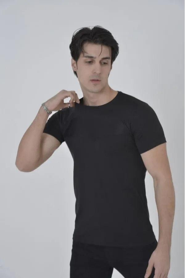 Erkek Gögüs Fileli T-Shirt Kısa Kol Bisiklet Yaka Slimfit Tişört  - Siyah