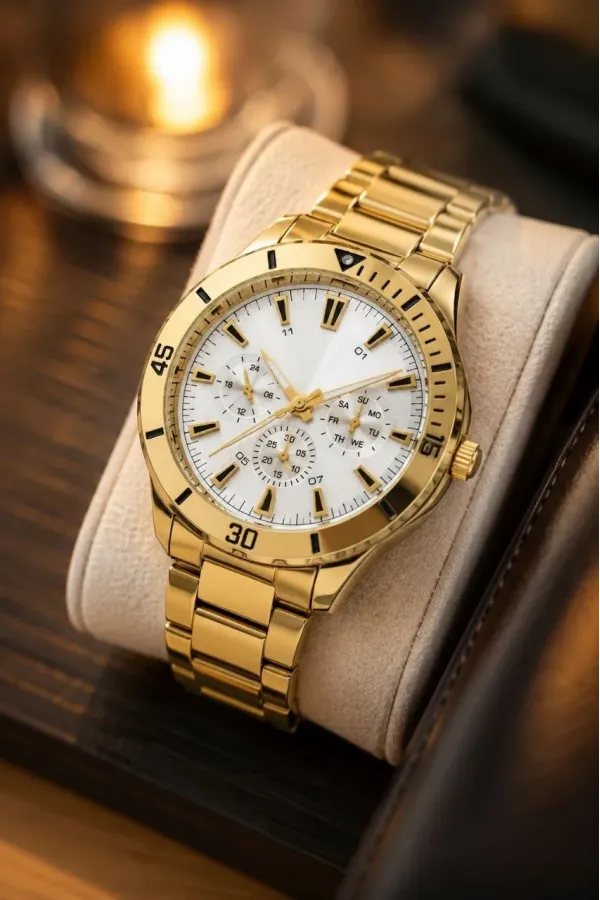 Erkek Gold Renk Metal Kordon Analog Kol Saati Beyaz Kadran Takvim Göstergeli