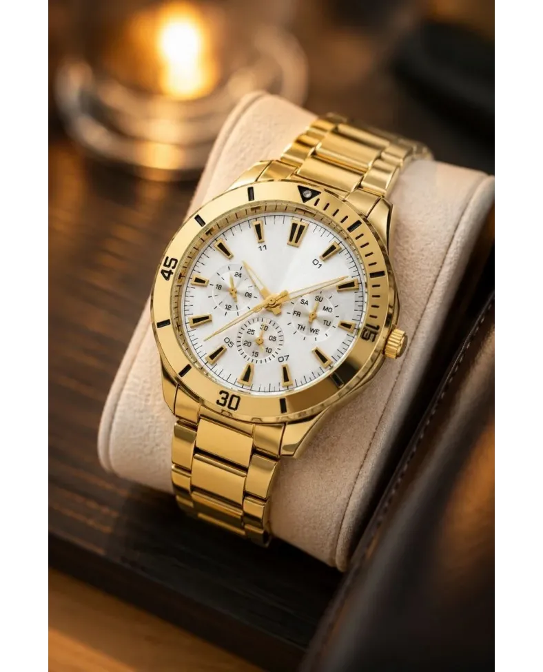 Erkek Gold Renk Metal Kordon Analog Kol Saati Beyaz Kadran Takvim Göstergeli