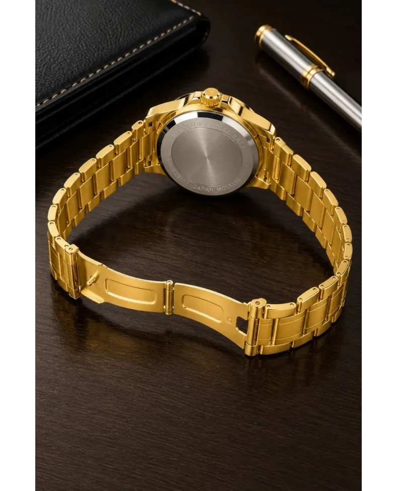 Erkek Gold Renk Metal Kordon Analog Kol Saati Beyaz Kadran Takvim Göstergeli