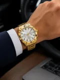 Erkek Gold Renk Metal Kordon Analog Kol Saati Beyaz Kadran Takvim Göstergeli
