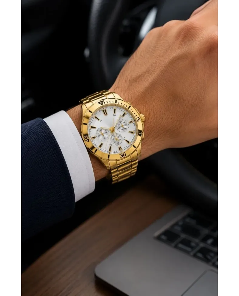 Erkek Gold Renk Metal Kordon Analog Kol Saati Beyaz Kadran Takvim Göstergeli