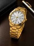 Erkek Gold Renk Metal Kordon Analog Kol Saati Beyaz Kadran Takvim Göstergeli