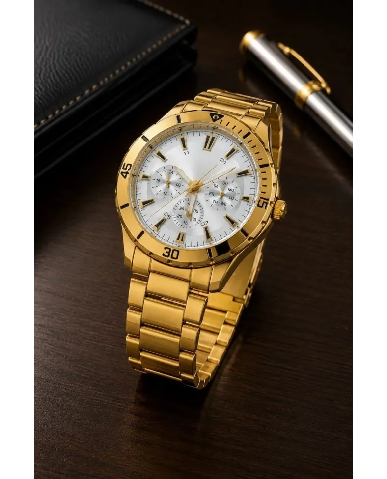 Erkek Gold Renk Metal Kordon Analog Kol Saati Beyaz Kadran Takvim Göstergeli