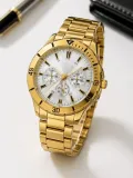 Erkek Gold Renk Metal Kordon Analog Kol Saati Beyaz Kadran Takvim Göstergeli