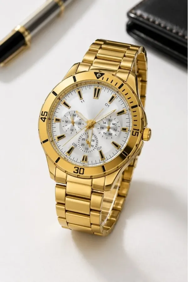Erkek Gold Renk Metal Kordon Analog Kol Saati Beyaz Kadran Takvim Göstergeli
