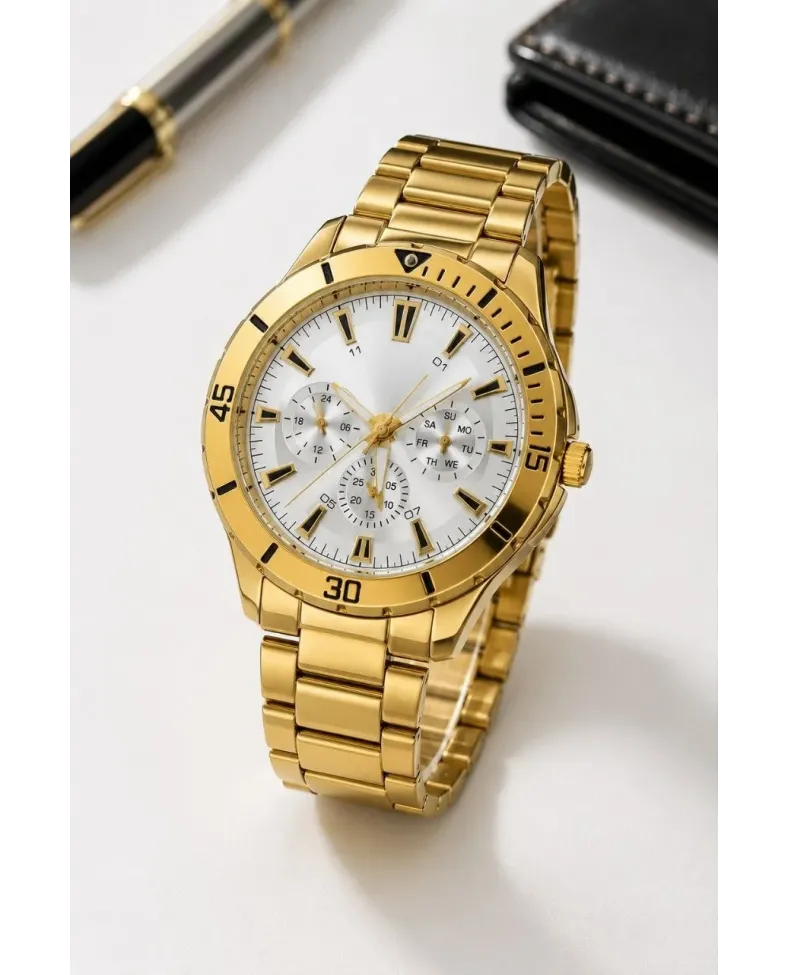 Erkek Gold Renk Metal Kordon Analog Kol Saati Beyaz Kadran Takvim Göstergeli