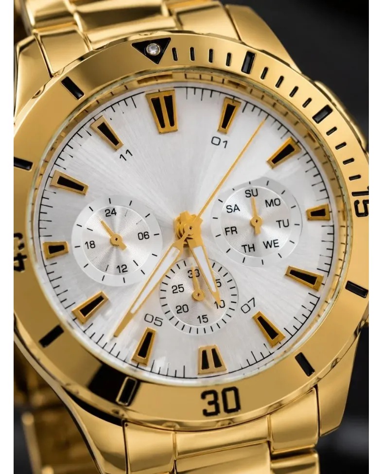 Erkek Gold Renk Metal Kordon Analog Kol Saati Beyaz Kadran Takvim Göstergeli