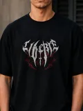 Erkek Gotik Yazı Baskılı Oversize Bisiklet Yaka T-Shirt - Siyah
