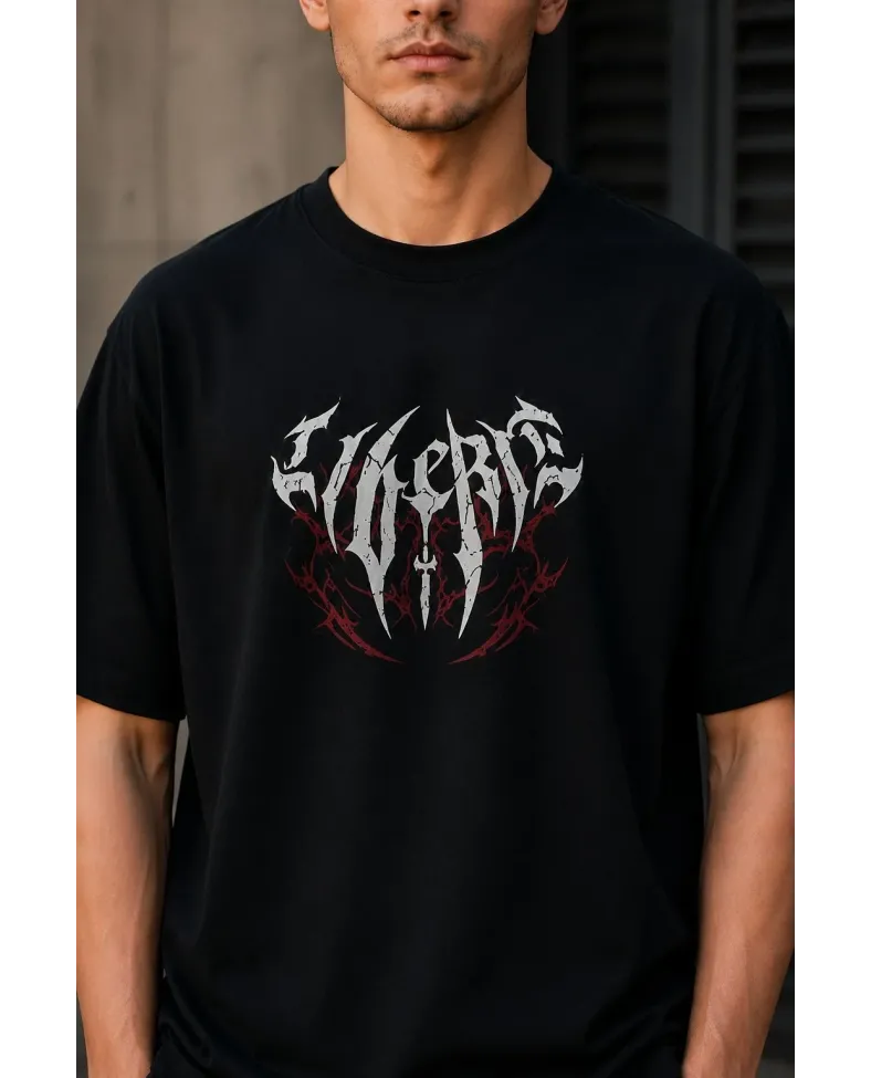 Erkek Gotik Yazı Baskılı Oversize Bisiklet Yaka T-Shirt - Siyah