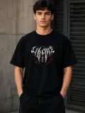 Erkek Gotik Yazı Baskılı Oversize Bisiklet Yaka T-Shirt - Siyah