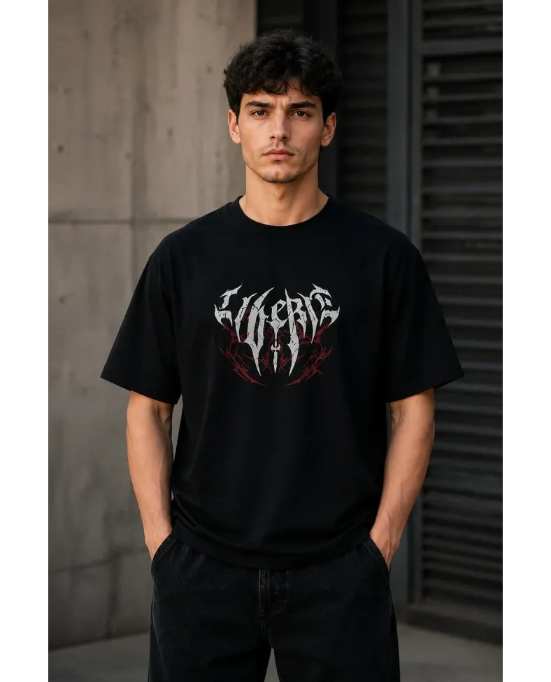Erkek Gotik Yazı Baskılı Oversize Bisiklet Yaka T-Shirt - Siyah