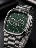 Erkek Gümüş Metal Kordon Analog Kol Saati Yeşil Kadran Takvim Göstergeli - Gümüş