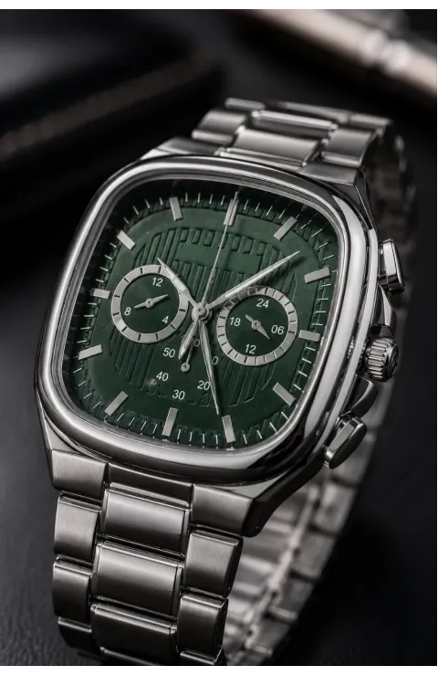 Erkek Gümüş Metal Kordon Analog Kol Saati Yeşil Kadran Takvim Göstergeli - Gümüş