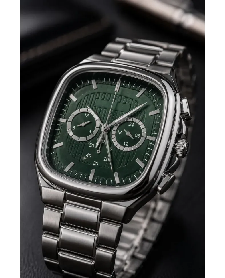 Erkek Gümüş Metal Kordon Analog Kol Saati Yeşil Kadran Takvim Göstergeli - Gümüş