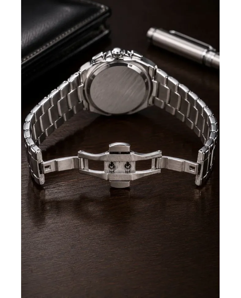 Erkek Gümüş Metal Kordon Analog Kol Saati Yeşil Kadran Takvim Göstergeli - Gümüş