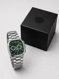 Erkek Gümüş Metal Kordon Analog Kol Saati Yeşil Kadran Takvim Göstergeli - Gümüş