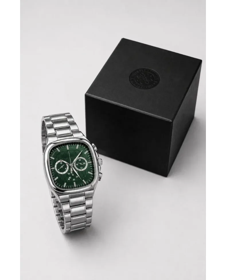 Erkek Gümüş Metal Kordon Analog Kol Saati Yeşil Kadran Takvim Göstergeli - Gümüş