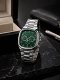 Erkek Gümüş Metal Kordon Analog Kol Saati Yeşil Kadran Takvim Göstergeli - Gümüş