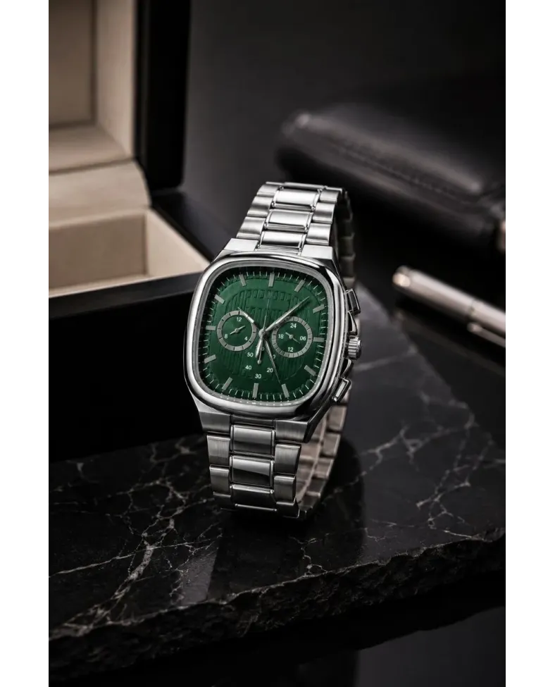 Erkek Gümüş Metal Kordon Analog Kol Saati Yeşil Kadran Takvim Göstergeli - Gümüş