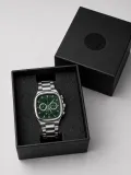 Erkek Gümüş Metal Kordon Analog Kol Saati Yeşil Kadran Takvim Göstergeli - Gümüş