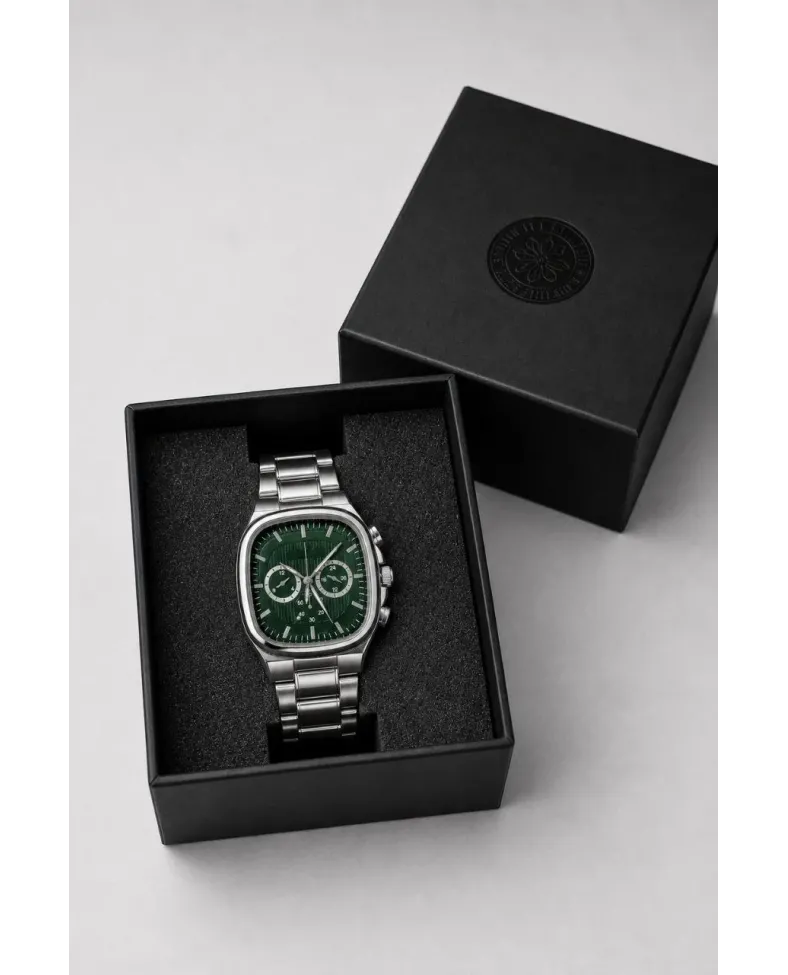 Erkek Gümüş Metal Kordon Analog Kol Saati Yeşil Kadran Takvim Göstergeli - Gümüş