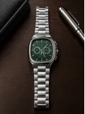 Erkek Gümüş Metal Kordon Analog Kol Saati Yeşil Kadran Takvim Göstergeli - Gümüş
