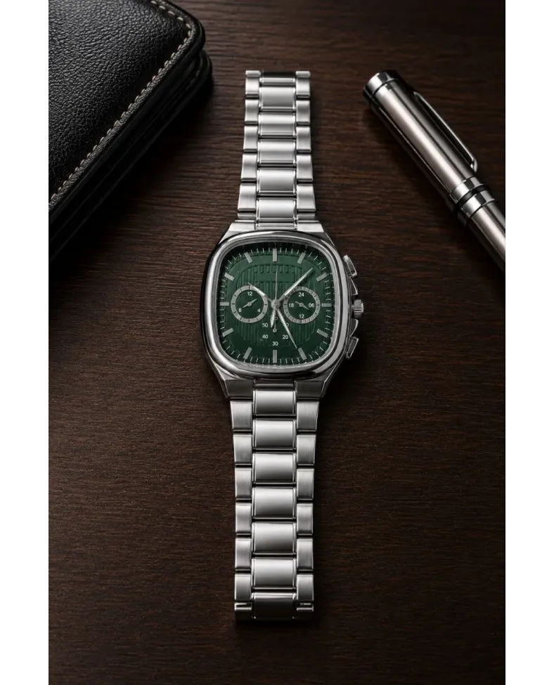Erkek Gümüş Metal Kordon Analog Kol Saati Yeşil Kadran Takvim Göstergeli - Gümüş