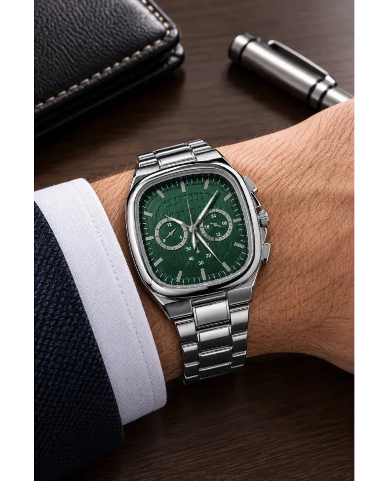 Erkek Gümüş Metal Kordon Analog Kol Saati Yeşil Kadran Takvim Göstergeli - Gümüş