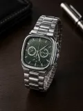 Erkek Gümüş Metal Kordon Analog Kol Saati Yeşil Kadran Takvim Göstergeli - Gümüş
