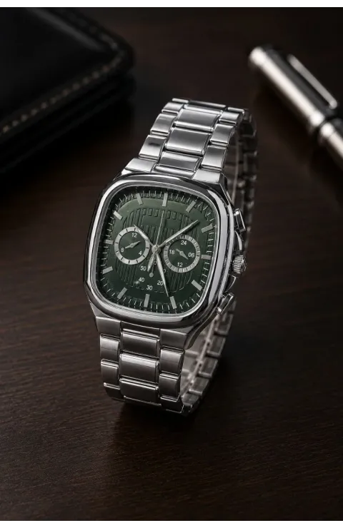 Erkek Gümüş Metal Kordon Analog Kol Saati Yeşil Kadran Takvim Göstergeli - Gümüş