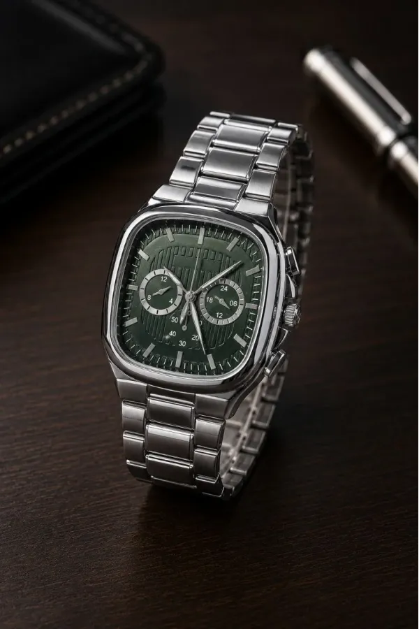 Erkek Gümüş Metal Kordon Analog Kol Saati Yeşil Kadran Takvim Göstergeli - Gümüş