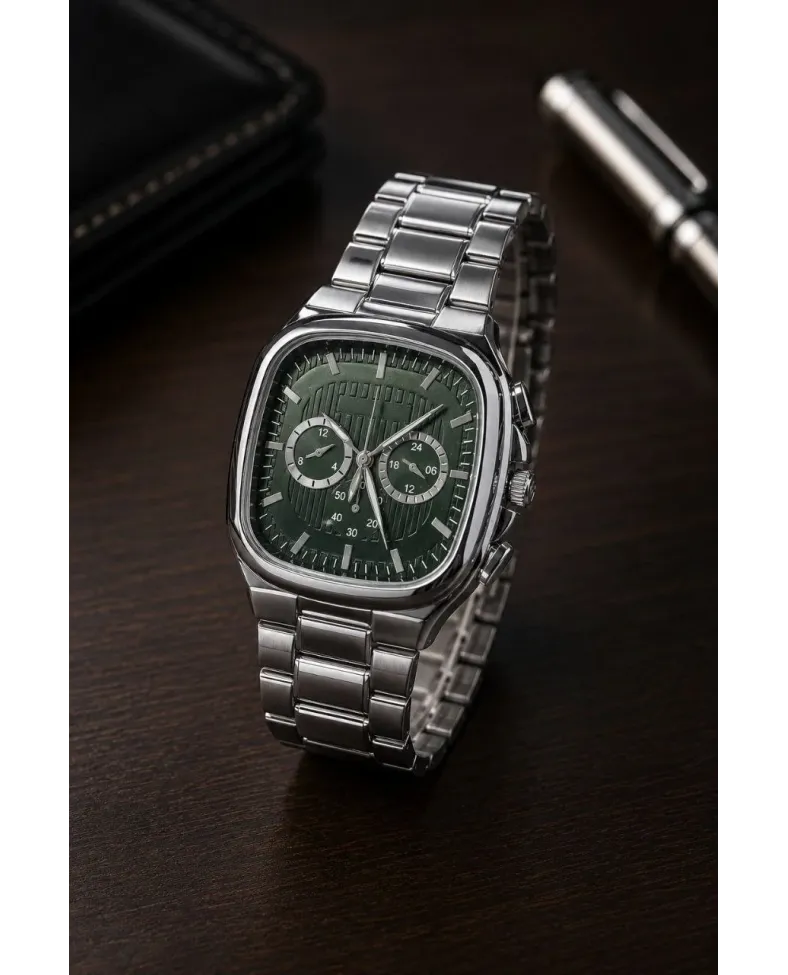 Erkek Gümüş Metal Kordon Analog Kol Saati Yeşil Kadran Takvim Göstergeli - Gümüş