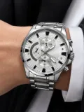 Erkek Gümüş Renk Metal Kordon Analog Kol Saati 24 Saat Takvim Göstergeli Gri Kadran - Gümüş