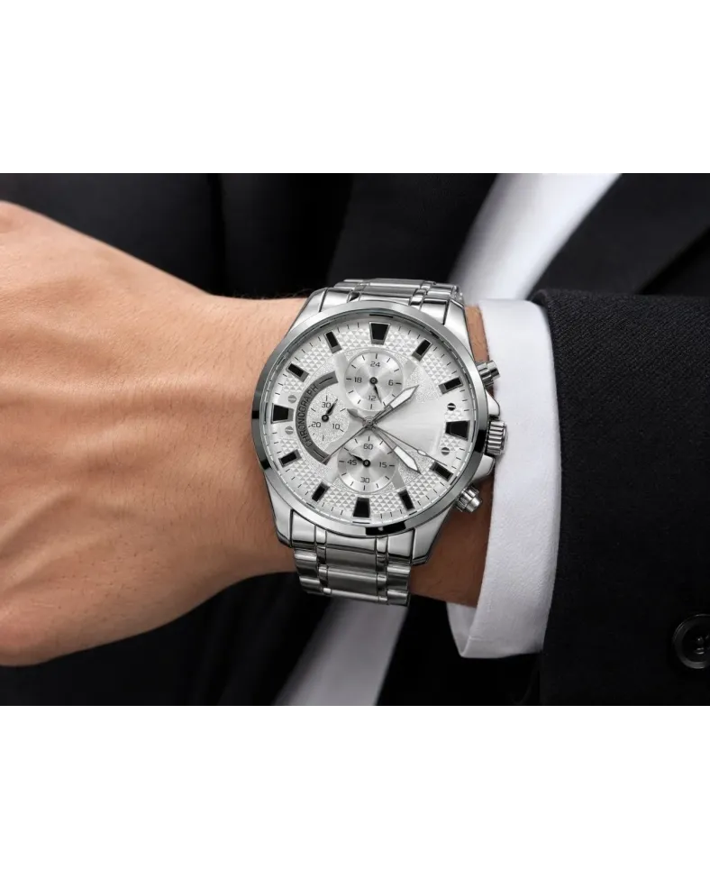Erkek Gümüş Renk Metal Kordon Analog Kol Saati 24 Saat Takvim Göstergeli Gri Kadran - Gümüş