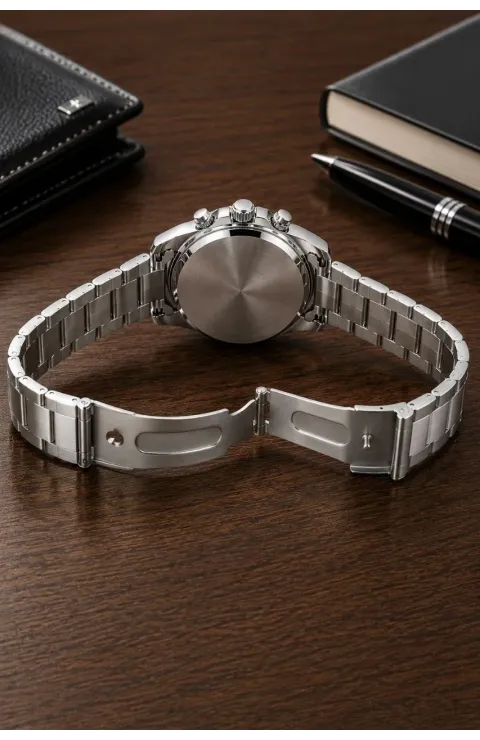 Erkek Gümüş Renk Metal Kordon Analog Kol Saati 24 Saat Takvim Göstergeli Gri Kadran - Gümüş