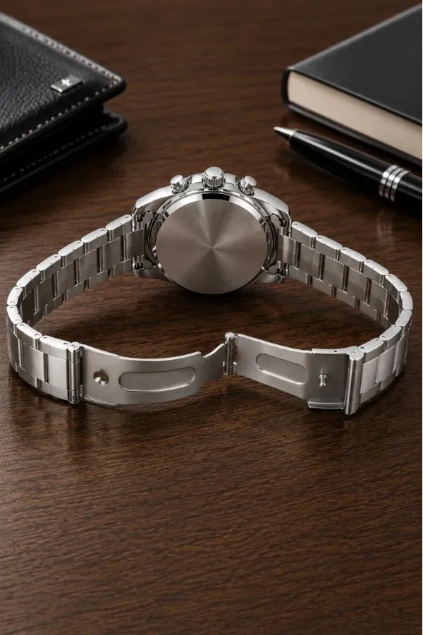 Erkek Gümüş Renk Metal Kordon Analog Kol Saati 24 Saat Takvim Göstergeli Gri Kadran - Gümüş