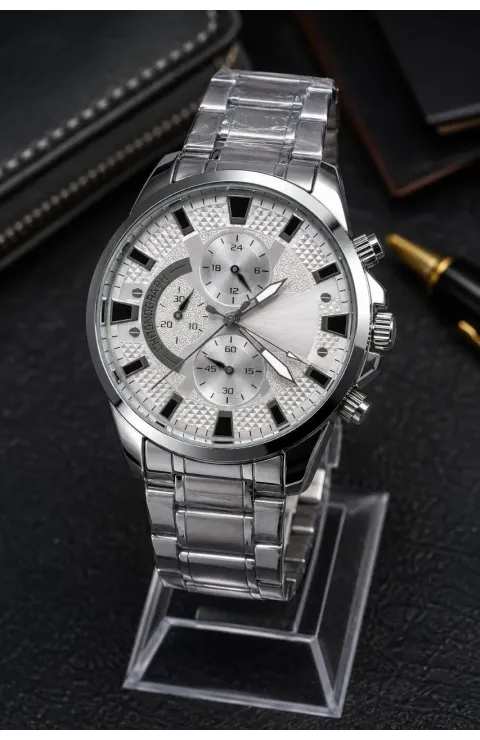 Erkek Gümüş Renk Metal Kordon Analog Kol Saati 24 Saat Takvim Göstergeli Gri Kadran - Gümüş