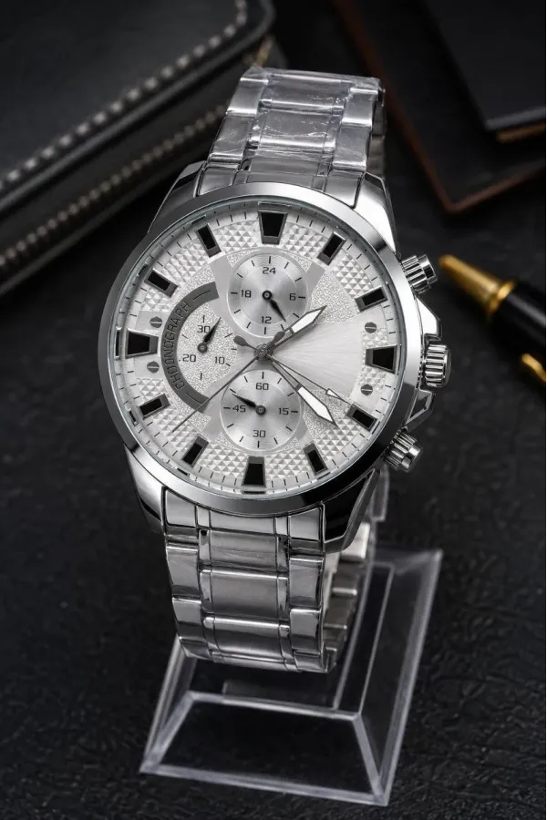 Erkek Gümüş Renk Metal Kordon Analog Kol Saati 24 Saat Takvim Göstergeli Gri Kadran - Gümüş