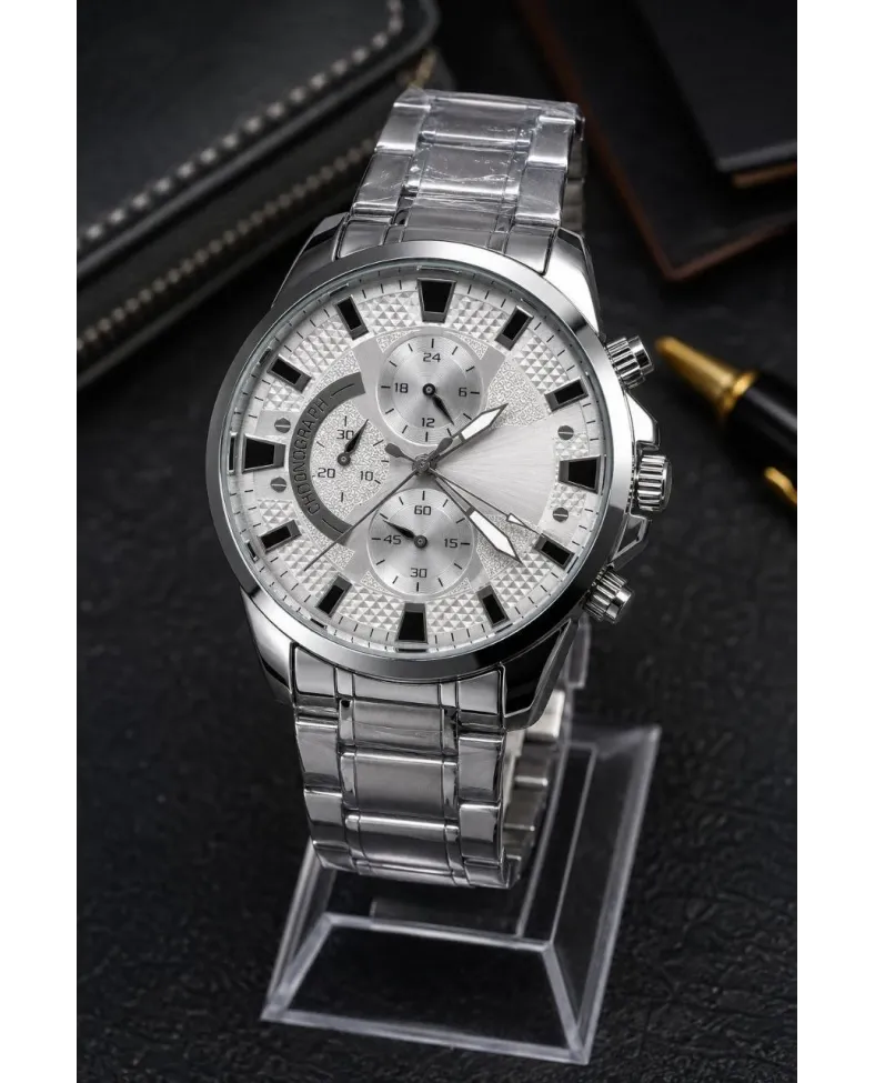 Erkek Gümüş Renk Metal Kordon Analog Kol Saati 24 Saat Takvim Göstergeli Gri Kadran - Gümüş