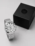 Erkek Gümüş Renk Metal Kordon Analog Kol Saati 24 Saat Takvim Göstergeli Gri Kadran - Gümüş