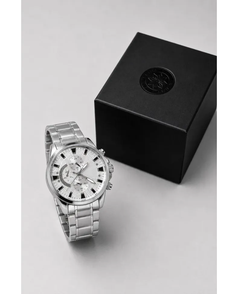 Erkek Gümüş Renk Metal Kordon Analog Kol Saati 24 Saat Takvim Göstergeli Gri Kadran - Gümüş