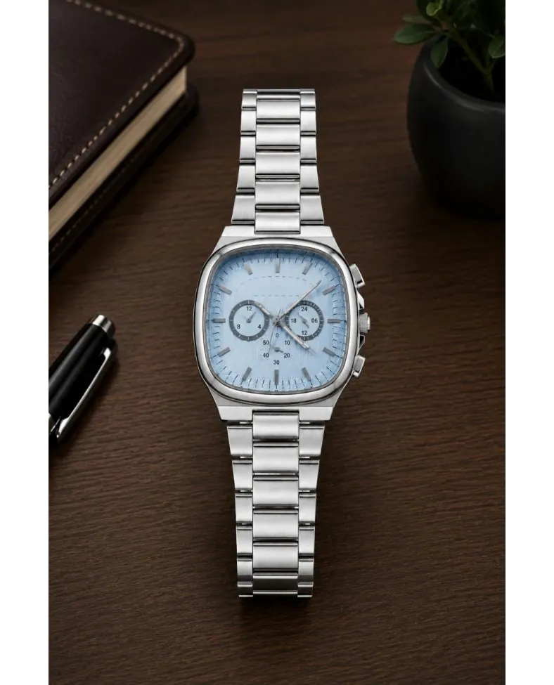 Erkek Gümüş Renk Metal Kordon Analog Kol Saati Çok Fonksiyonlu Beyaz Kadran - Gümüş