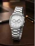 Erkek Gümüş Renk Metal Kordon Analog Kol Saati Çok Fonksiyonlu Beyaz Kadran - Gümüş