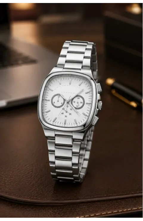 Erkek Gümüş Renk Metal Kordon Analog Kol Saati Çok Fonksiyonlu Beyaz Kadran - Gümüş