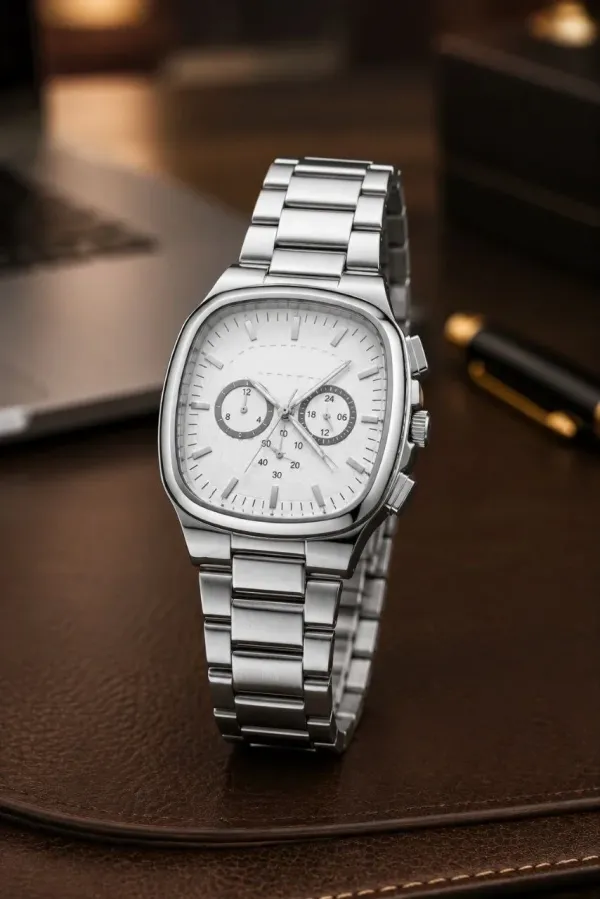 Erkek Gümüş Renk Metal Kordon Analog Kol Saati Çok Fonksiyonlu Beyaz Kadran - Gümüş