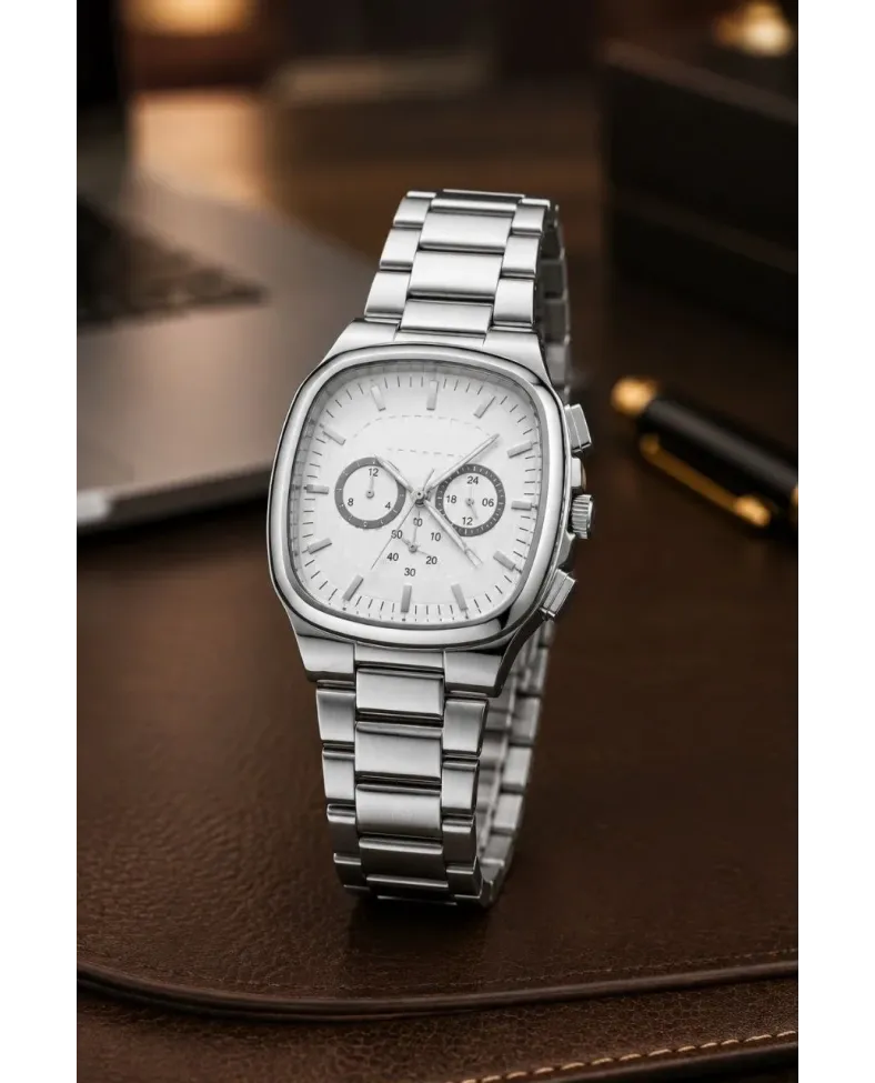Erkek Gümüş Renk Metal Kordon Analog Kol Saati Çok Fonksiyonlu Beyaz Kadran - Gümüş