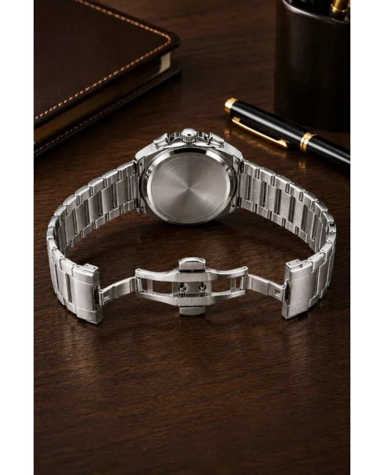 Erkek Gümüş Renk Metal Kordon Analog Kol Saati Çok Fonksiyonlu Beyaz Kadran - Gümüş