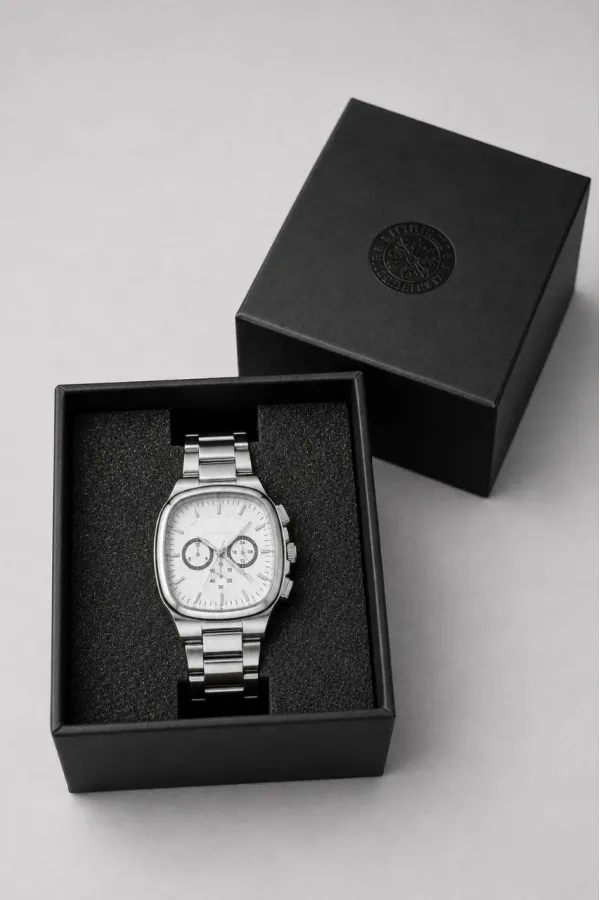 Erkek Gümüş Renk Metal Kordon Analog Kol Saati Çok Fonksiyonlu Beyaz Kadran - Gümüş