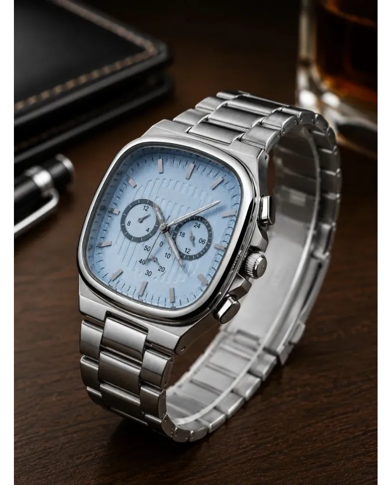 Erkek Gümüş Renk Metal Kordon Analog Kol Saati Çok Fonksiyonlu Beyaz Kadran - Gümüş